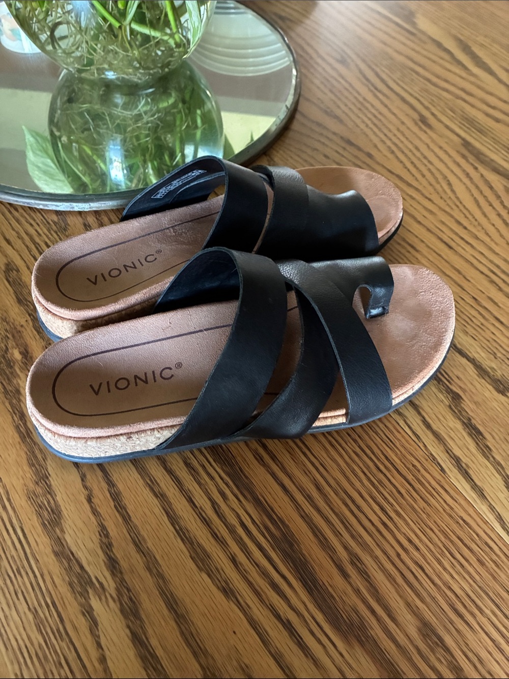 Vionic Black Leather Cross-Strap Slide Sandals